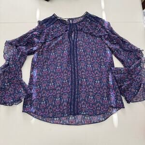 Carlisle 100% Silk Floral Sheer Long Sleeve Blouse 10 Purple Ruffle Bell Sleeves